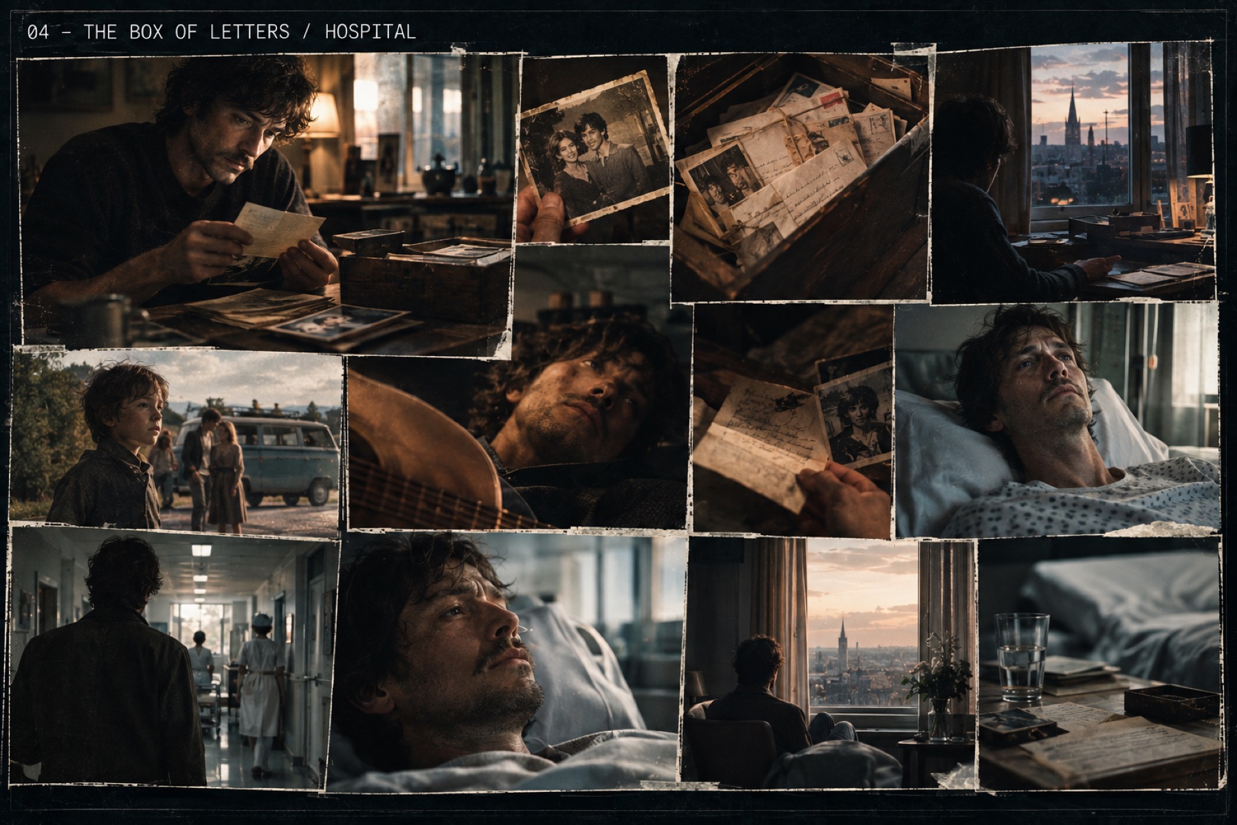 John Kay reading old letters at home; a patient alone in a hospital room at night
