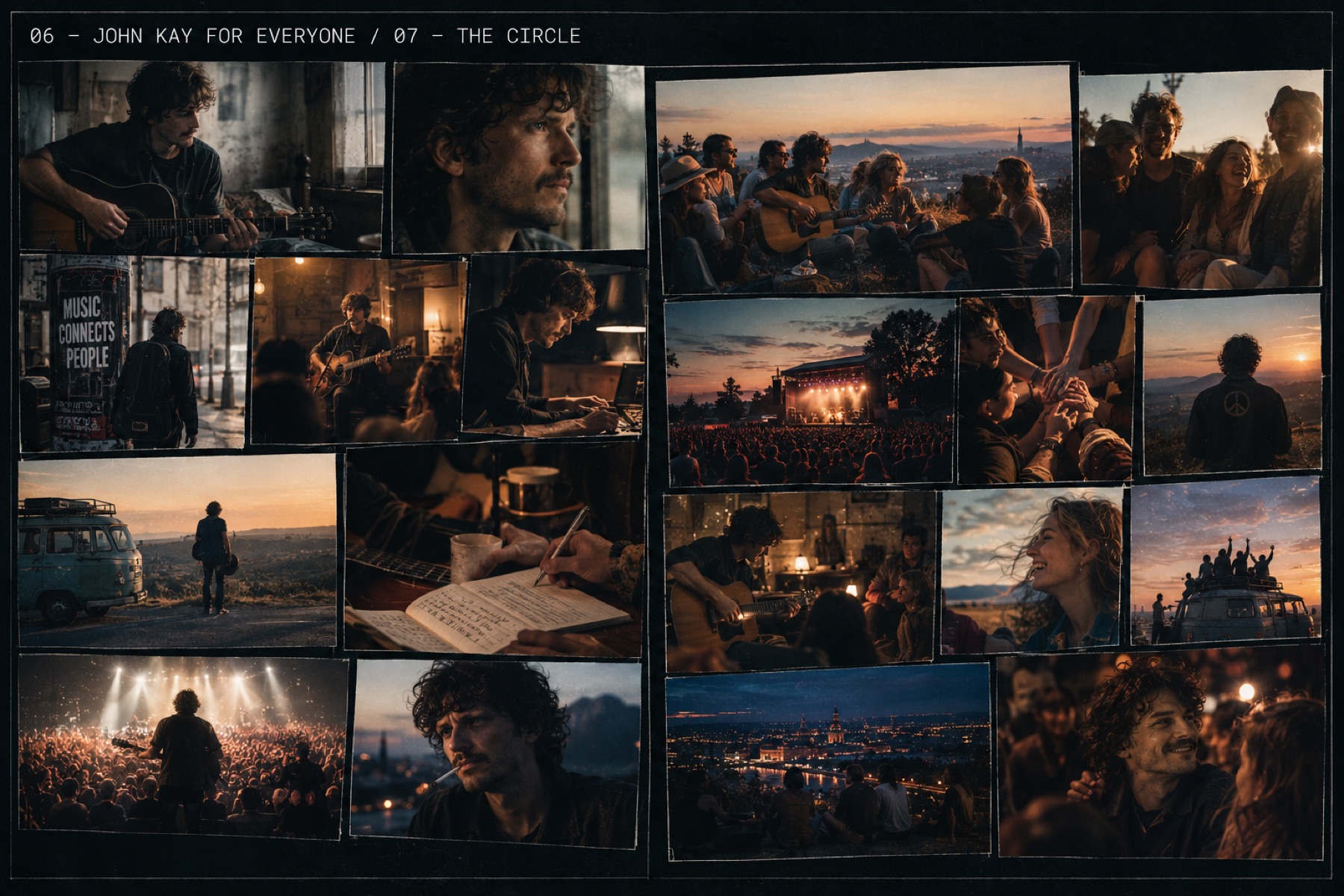 Strangers gathered around music at dusk, a crowd at a show, a circle of hands