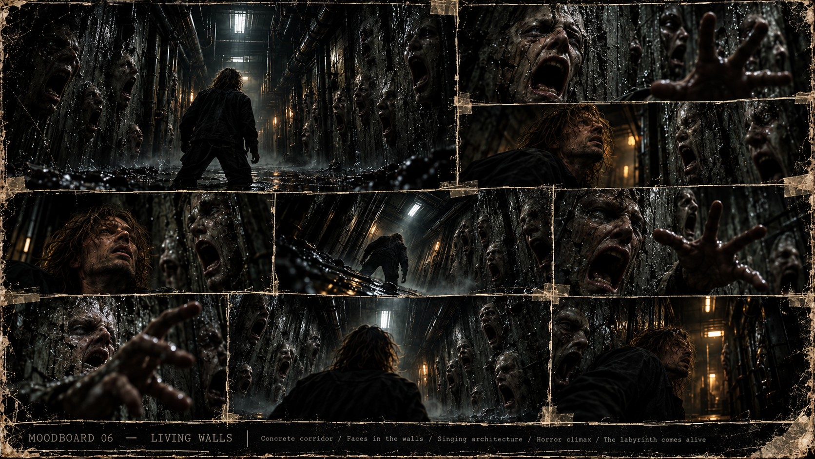 Human faces emerging from living concrete walls in a narrow corridor
