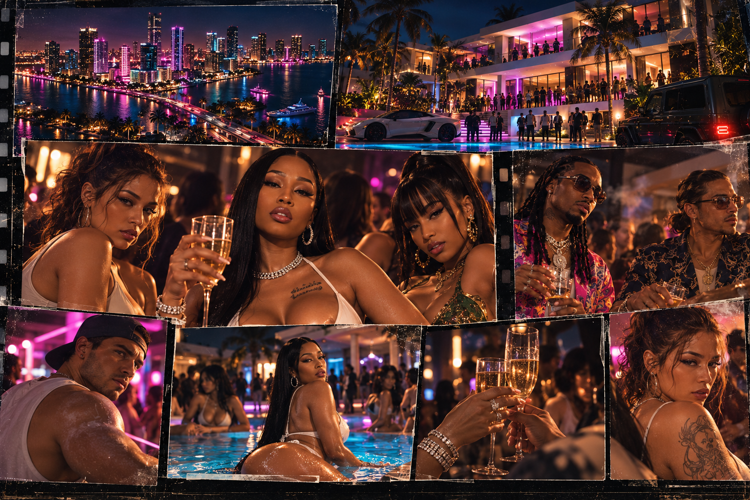 Yung Miami and her allies at a neon-lit Miami villa party